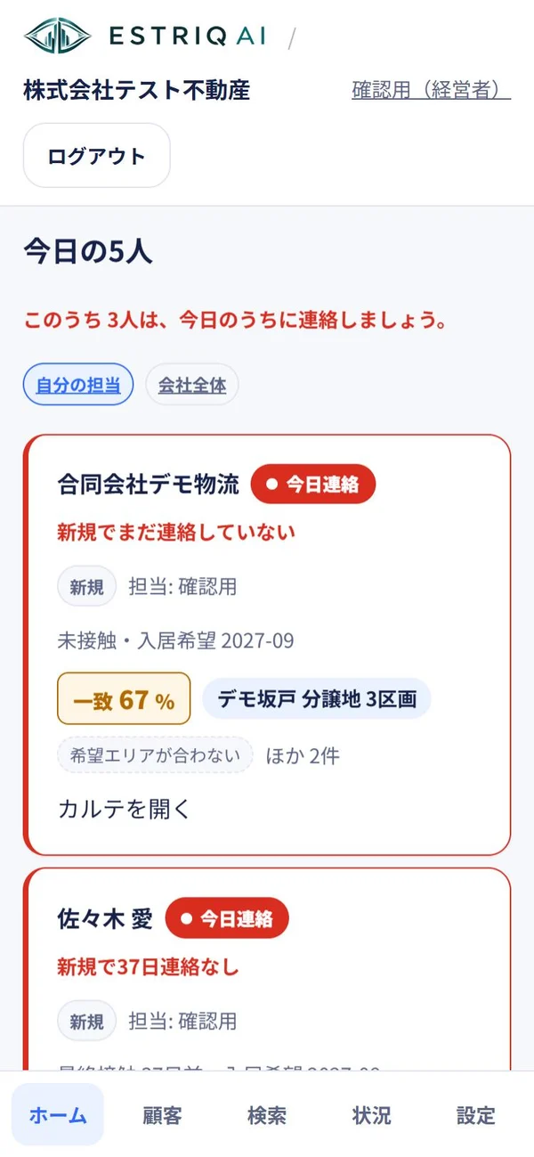 スマートフォンで見たホームの画面